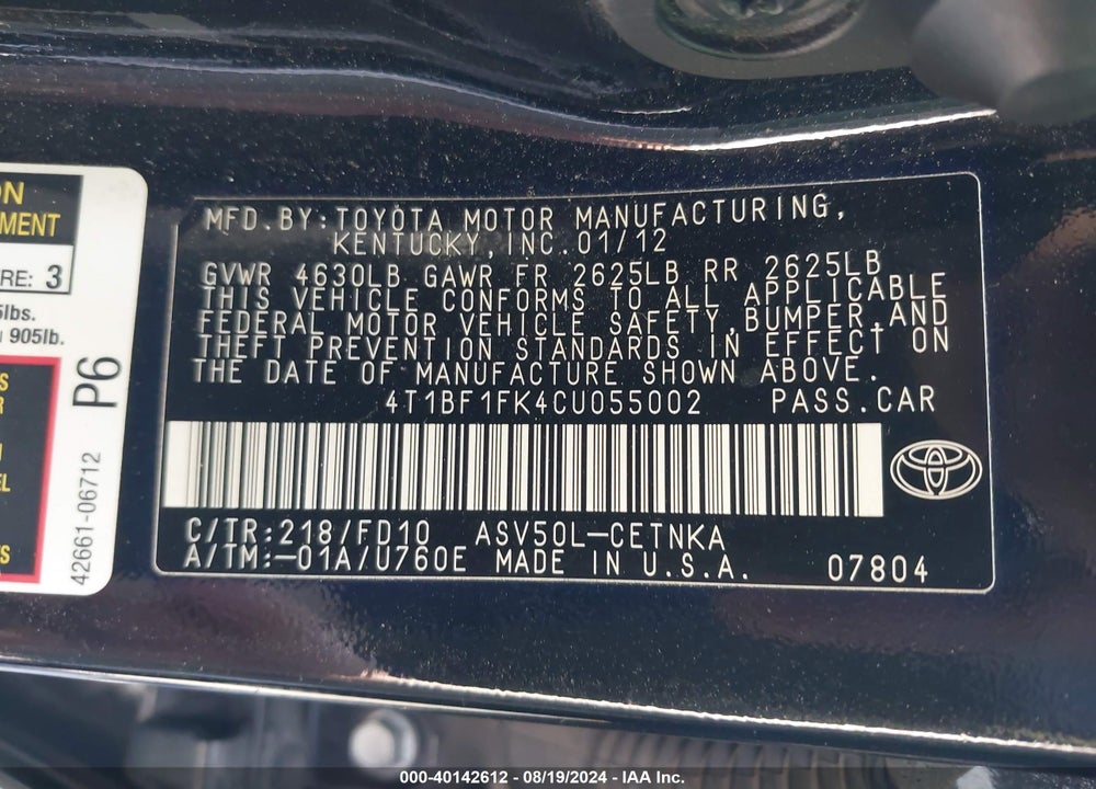 2012 TOYOTA CAMRY LE VIN: 4T1BF1FK4CU055002