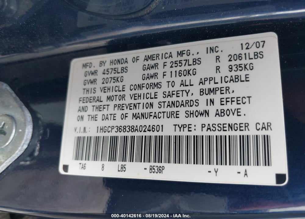 2008 HONDA ACCORD 3.5 EX-L VIN: 1HGCP36838A024601