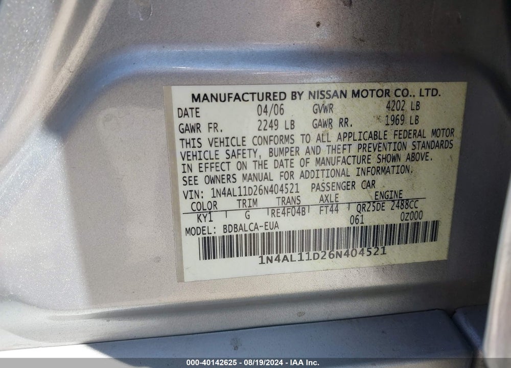 2006 NISSAN ALTIMA 2.5 S VIN: 1N4AL11D26N404521