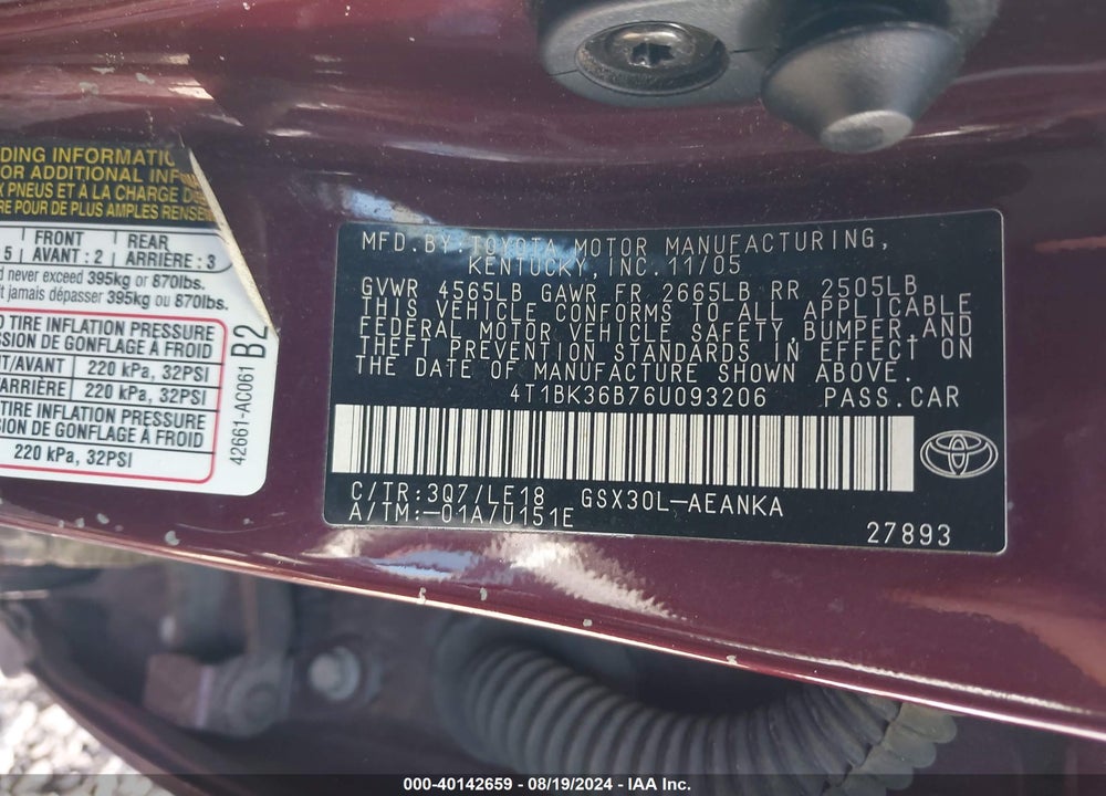 2006 TOYOTA AVALON TOURING VIN: 4T1BK36B76U093206
