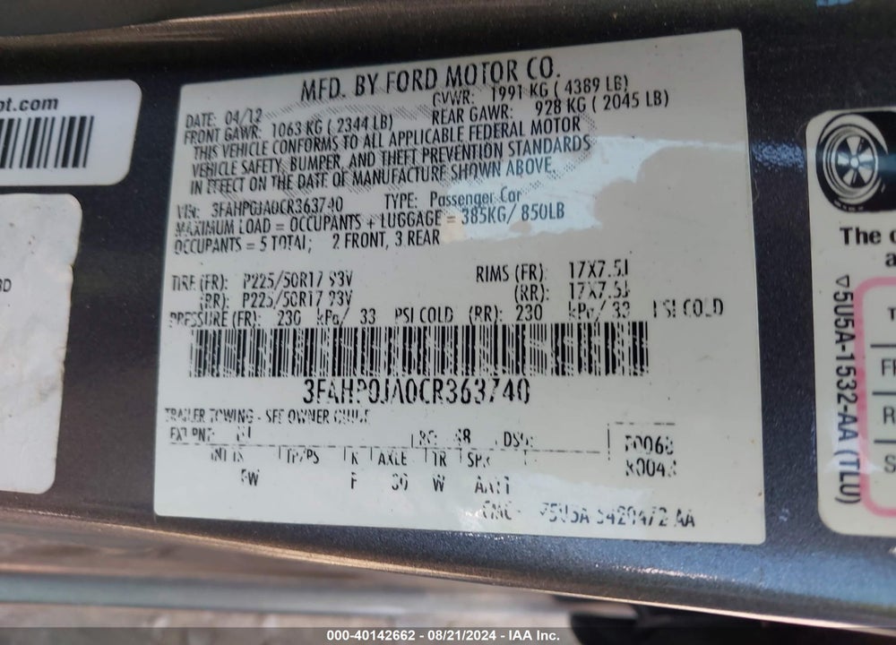2012 FORD FUSION SEL VIN: 3FAHP0JA0CR363740