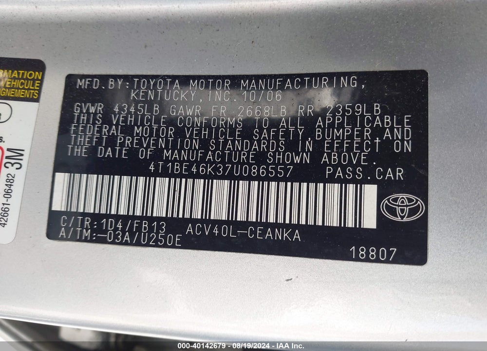 2007 TOYOTA CAMRY LE VIN: 4T1BE46K37U086557
