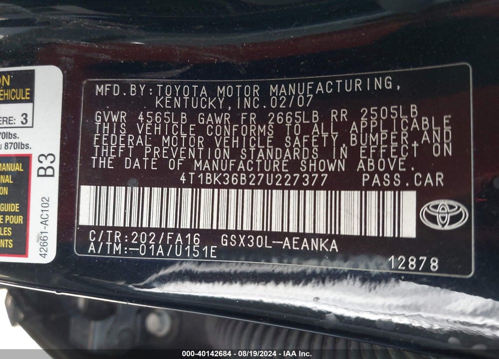 2007 TOYOTA AVALON XL VIN: 4T1BK36B27U227377