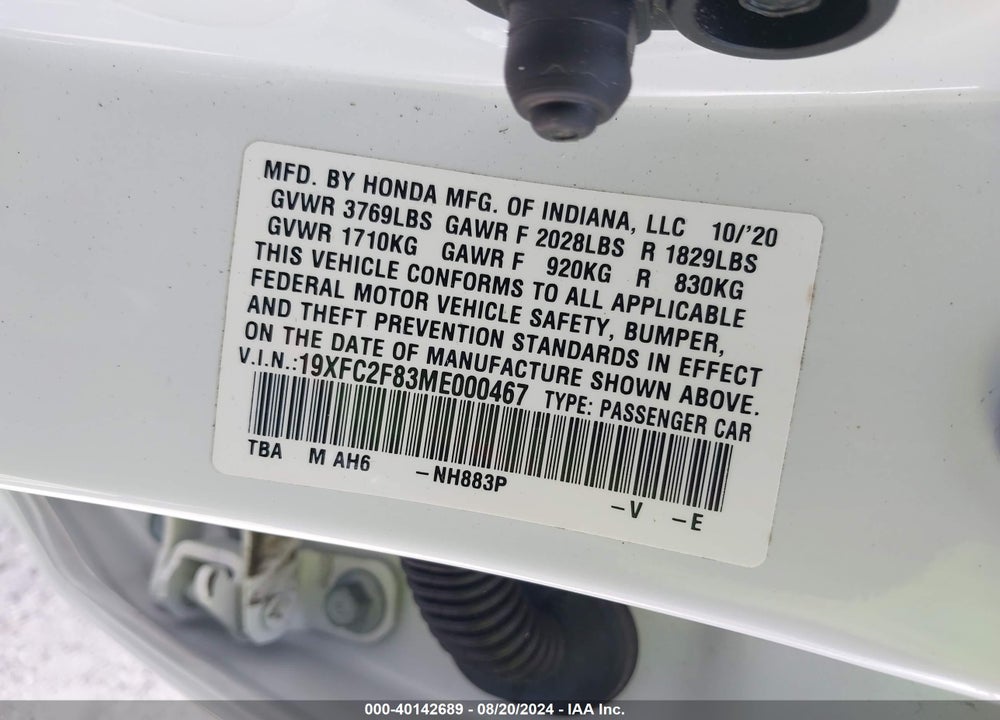 2021 HONDA CIVIC SPORT VIN: 19XFC2F83ME000467