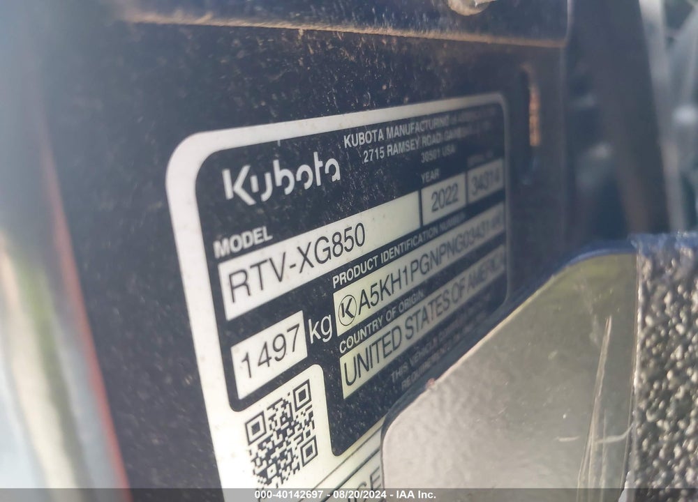 2022 KUBOTA RTV-XG850 UTV VIN: A5KH1PGNPNG034314