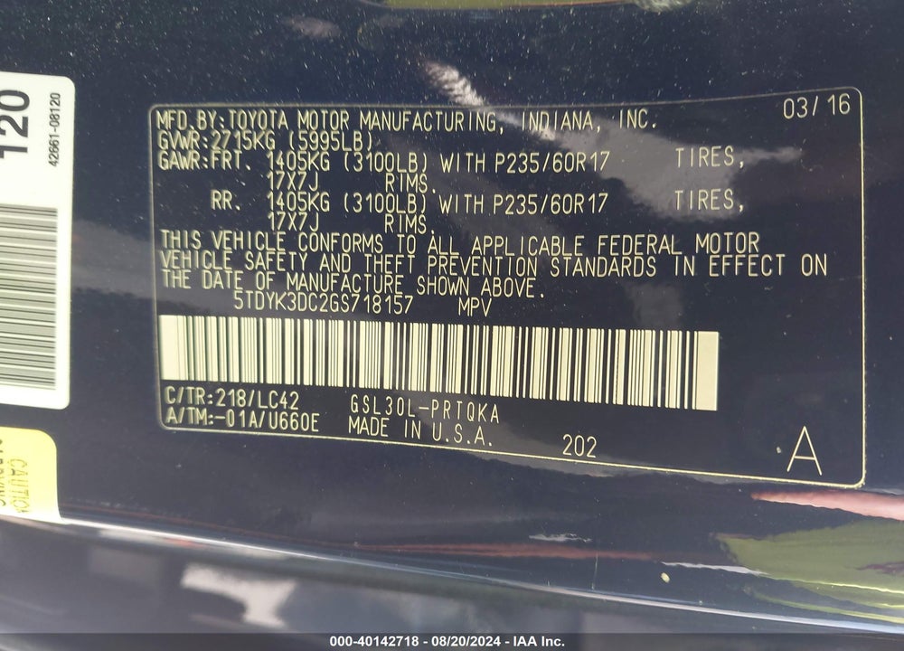2016 TOYOTA SIENNA XLE PREMIUM 8 PASSENGER VIN: 5TDYK3DC2GS718157
