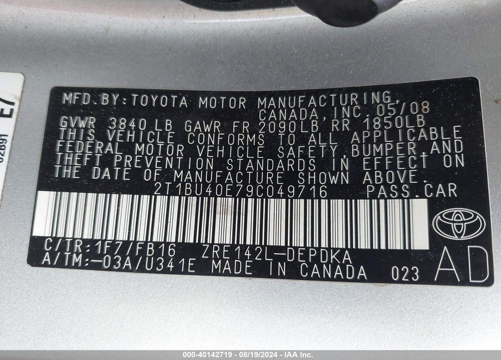 2009 TOYOTA COROLLA LE VIN: 2T1BU40E79C049716
