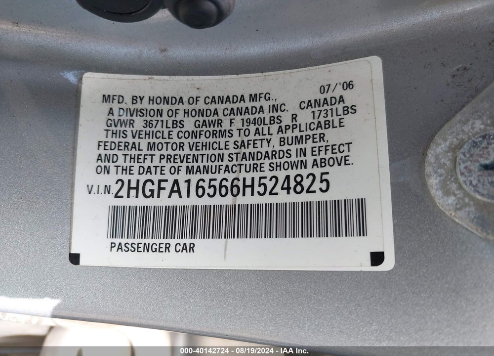 2006 HONDA CIVIC LX VIN: 2HGFA16566H524825