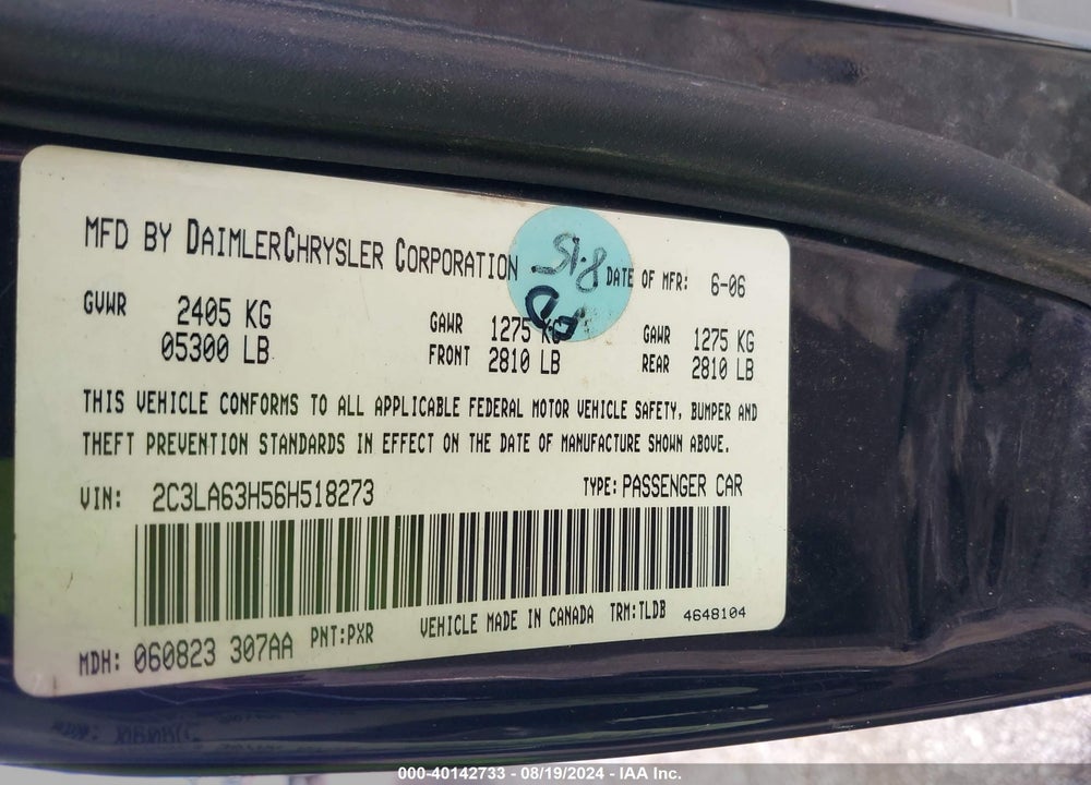 2006 CHRYSLER 300C VIN: 2C3LA63H56H518273