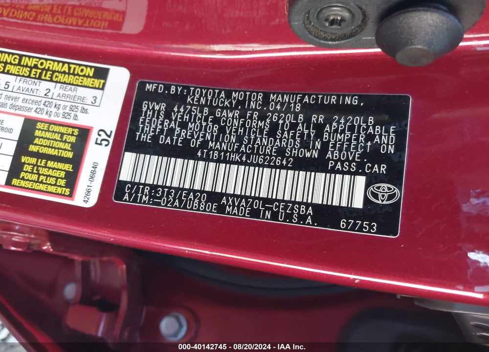 2018 TOYOTA CAMRY SE VIN: 4T1B11HK4JU622642