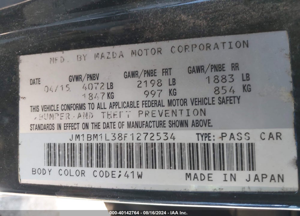 2015 MAZDA 3 S TOURING VIN: JM1BM1L38F1272534