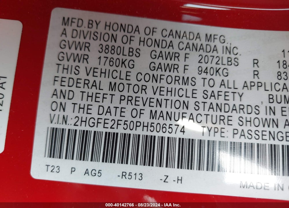 2023 HONDA CIVIC SPORT VIN: 2HGFE2F50PH506574