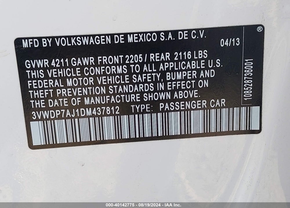2013 VOLKSWAGEN JETTA 2.5L SE VIN: 3VWDP7AJ1DM437812