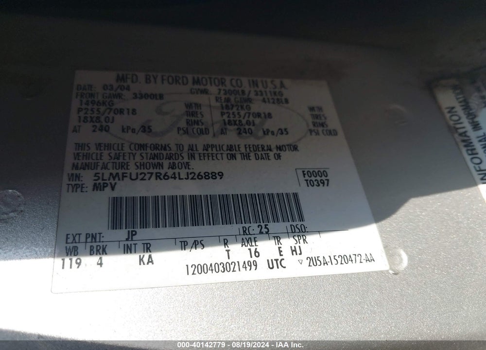 2004 LINCOLN NAVIGATOR VIN: 5LMFU27R64LJ26889