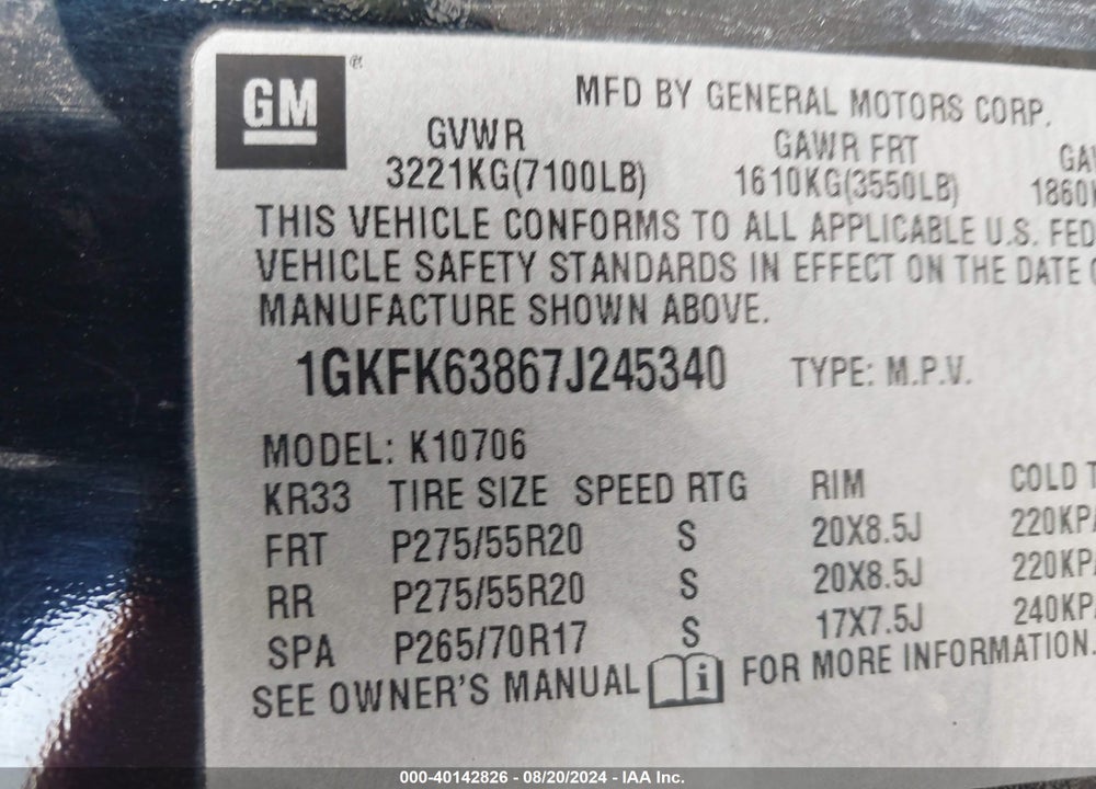 2007 GMC YUKON DENALI VIN: 1GKFK63867J245340
