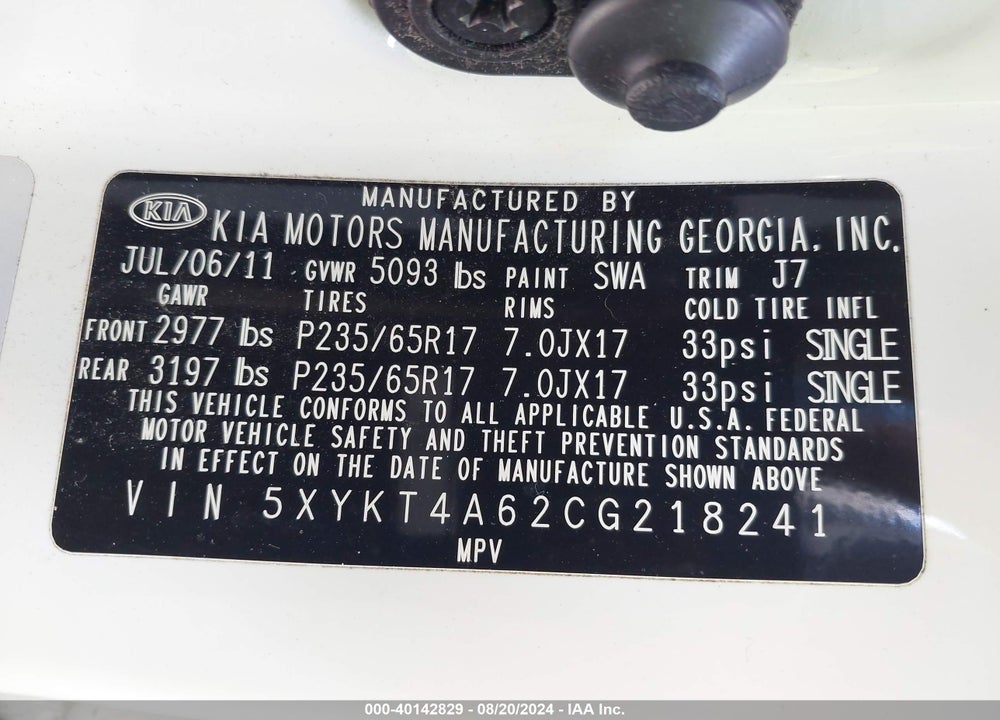 2012 KIA SORENTO VIN: 5XYKT4A62CG218241