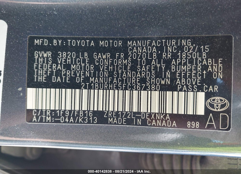 2015 TOYOTA COROLLA LE VIN: 2T1BURHE5FC367380