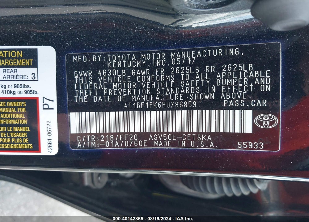 2017 TOYOTA CAMRY SE VIN: 4T1BF1FK6HU786859