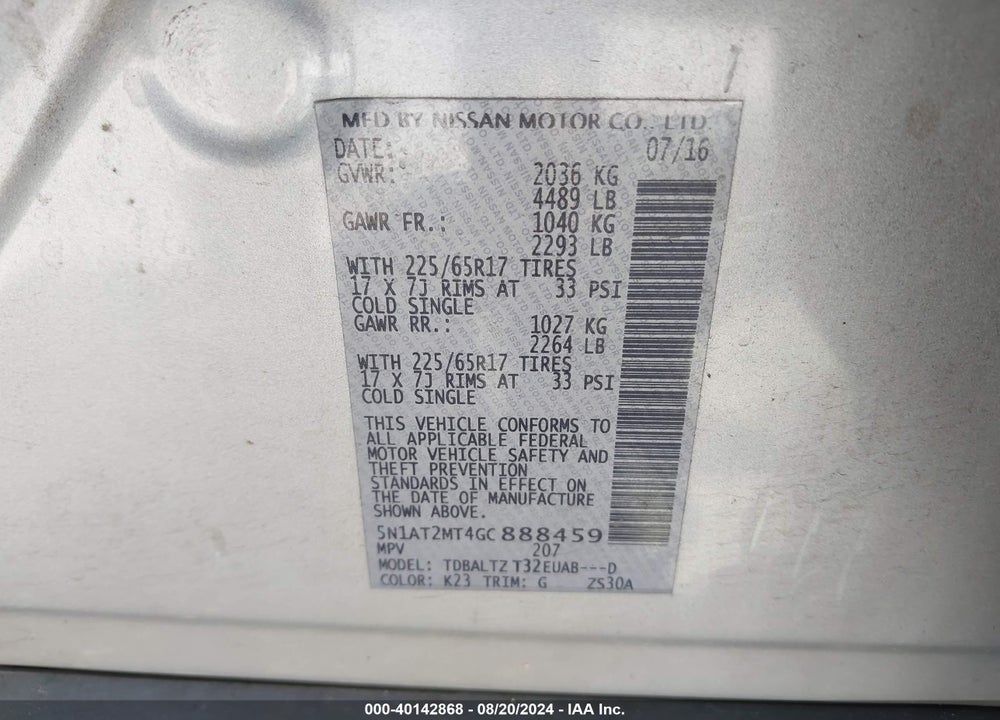 2016 NISSAN ROGUE SV VIN: 5N1AT2MT4GC888459