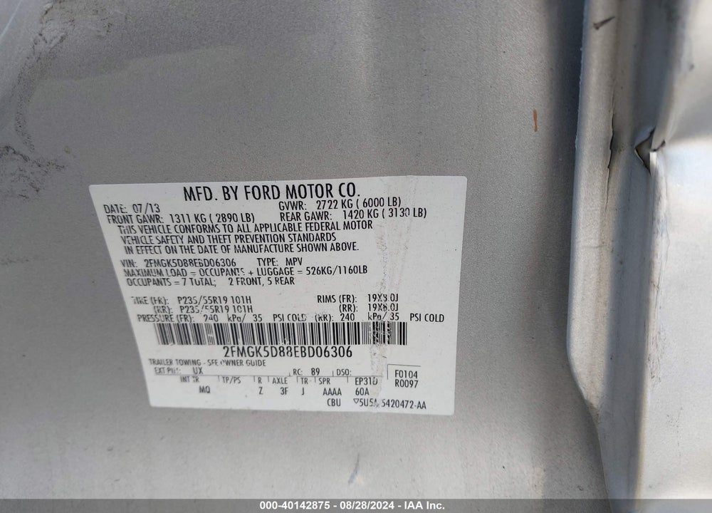2014 FORD FLEX LIMITED VIN: 2FMGK5D88EBD06306