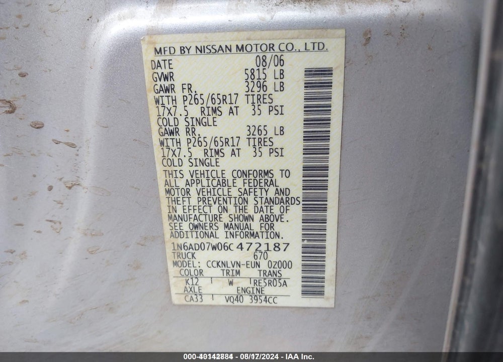 2006 NISSAN FRONTIER VIN: 1N6AD07W06C472187