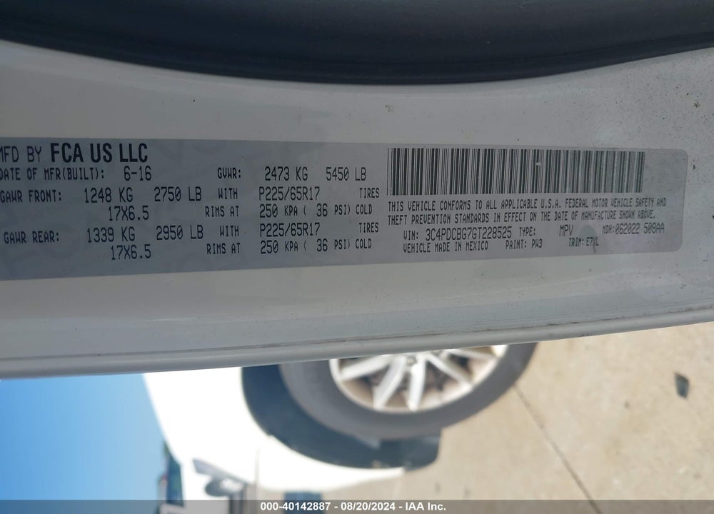 2016 DODGE JOURNEY SXT VIN: 3C4PDCBG7GT228525