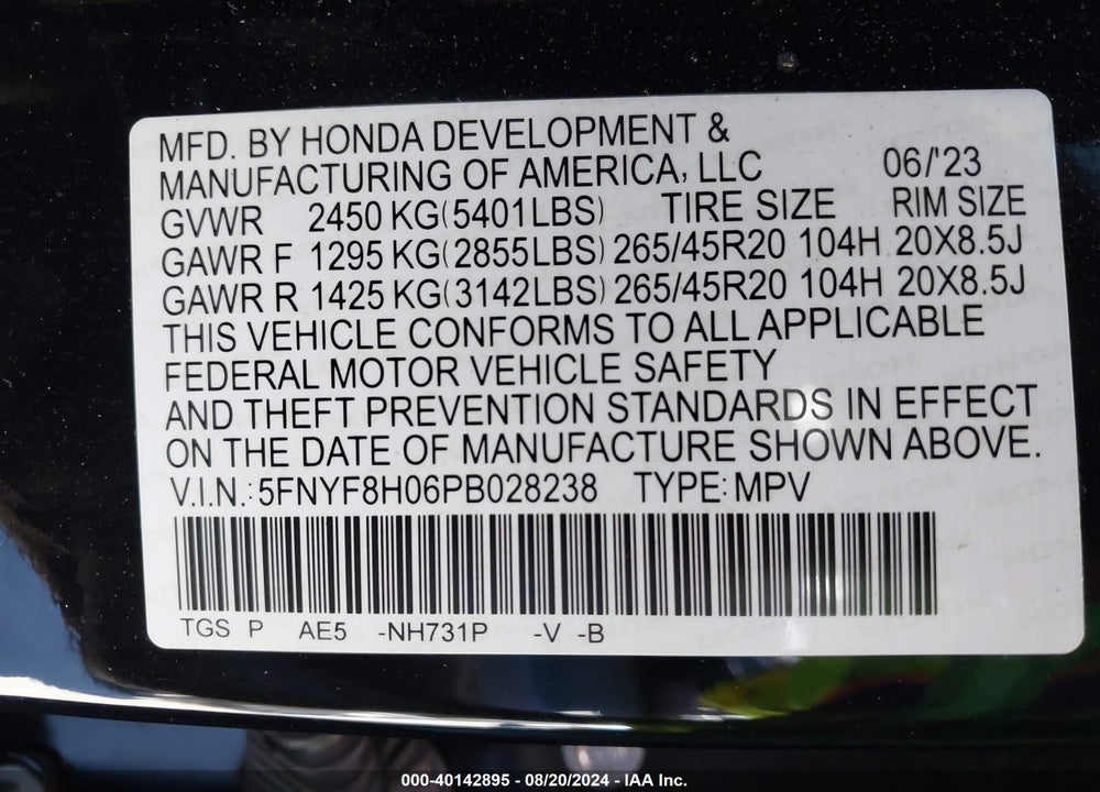 2023 HONDA PASSPORT ELITE VIN: 5FNYF8H06PB028238
