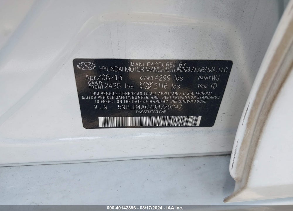 2013 HYUNDAI SONATA GLS VIN: 5NPEB4AC7DH725247
