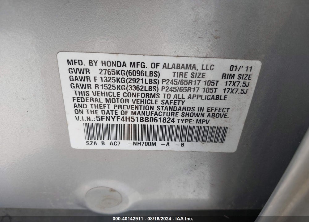 2011 HONDA PILOT EX-L VIN: 5FNYF4H51BB061824