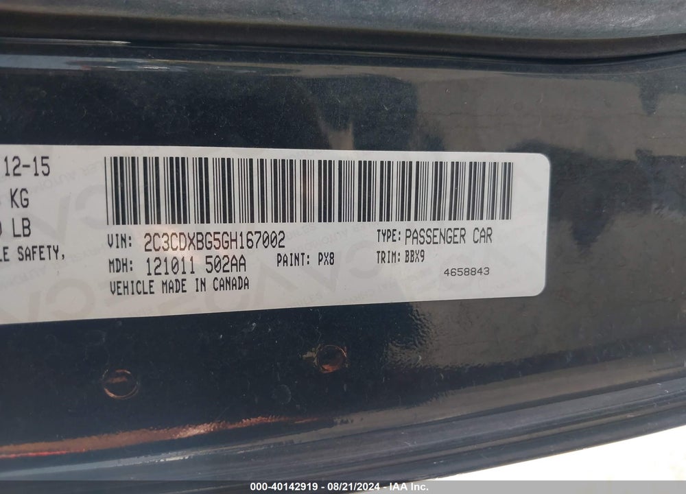 2016 DODGE CHARGER SE VIN: 2C3CDXBG5GH167002