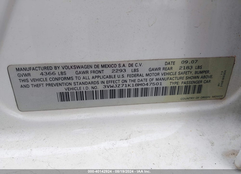 2008 VOLKSWAGEN JETTA S VIN: 3VWJZ71K18M047501