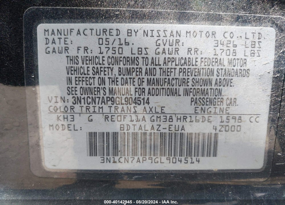 2016 NISSAN VERSA 1.6 S+ VIN: 3N1CN7AP9GL904514
