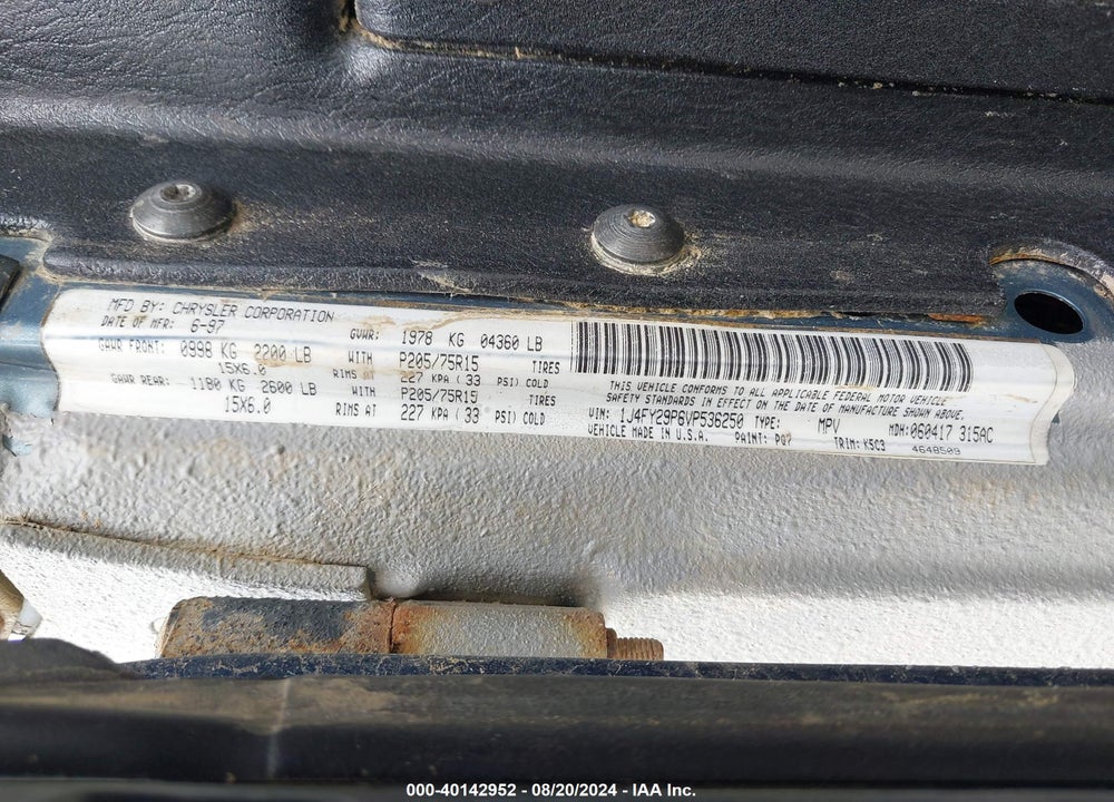 1997 JEEP WRANGLER SE VIN: 1J4FY29P6VP536250