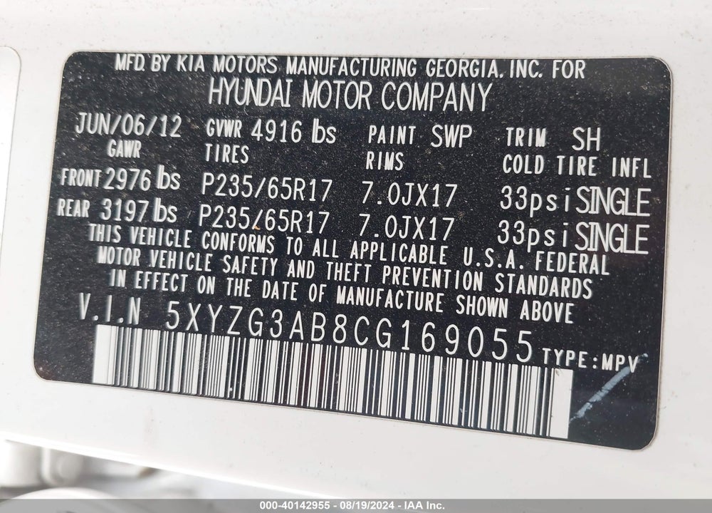 2012 HYUNDAI SANTA FE VIN: 5XYZG3AB8CG169055