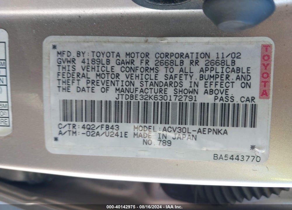 2003 TOYOTA CAMRY LE VIN: JTDBE32K630172791