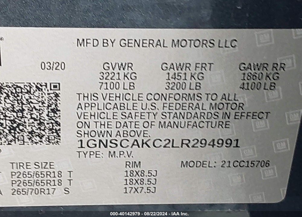 2020 CHEVROLET TAHOE 2WD LS VIN: 1GNSCAKC2LR294991