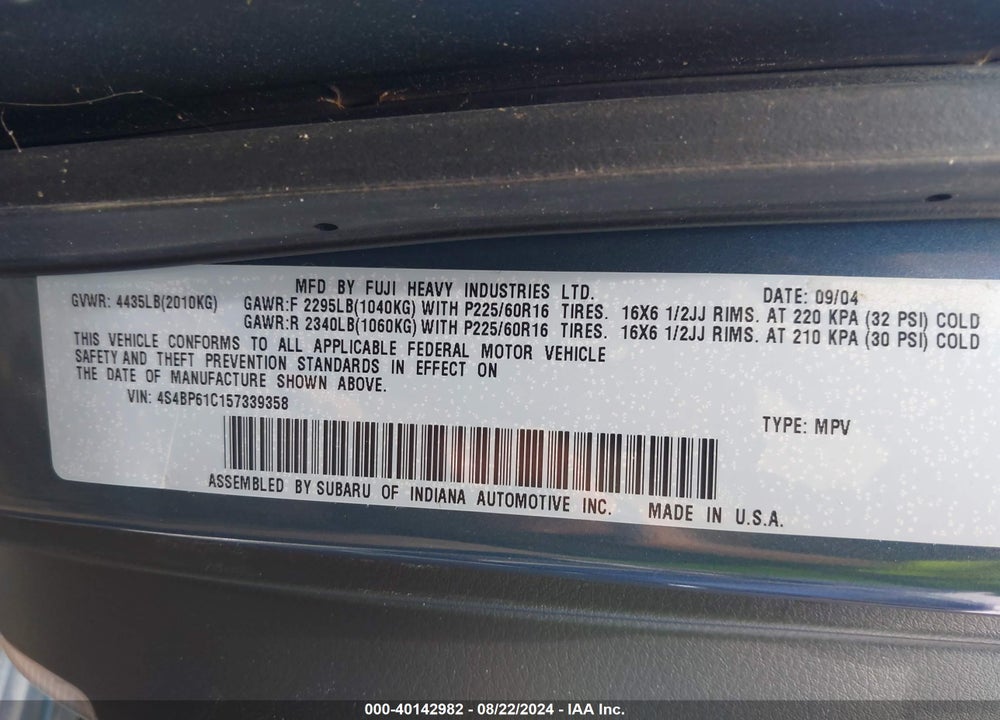 2005 SUBARU OUTBACK 2.5I VIN: 4S4BP61C157339358