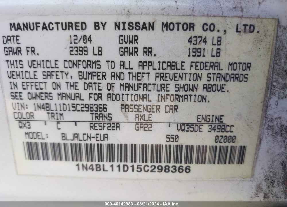 2005 NISSAN ALTIMA 3.5 SE VIN: 1N4BL11D15C298366