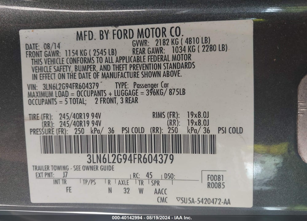 2015 LINCOLN MKZ VIN: 3LN6L2G94FR604379