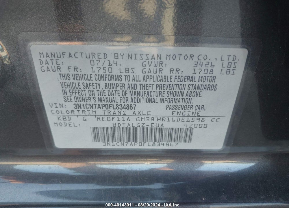 2015 NISSAN VERSA 1.6 SL VIN: 3N1CN7AP0FL834867