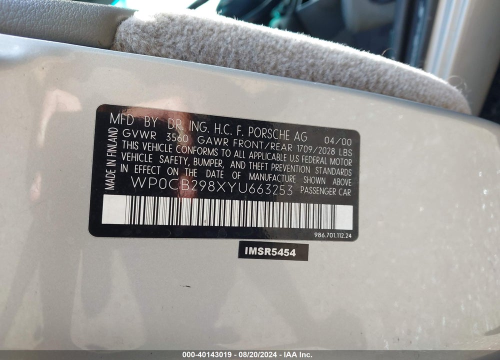 2000 PORSCHE BOXSTER S VIN: WP0CB298XYU663253
