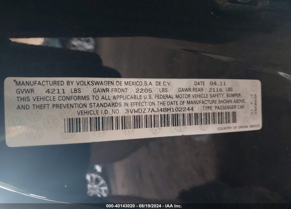 2011 VOLKSWAGEN JETTA 2.5L SE VIN: 3VWDZ7AJ4BM102244
