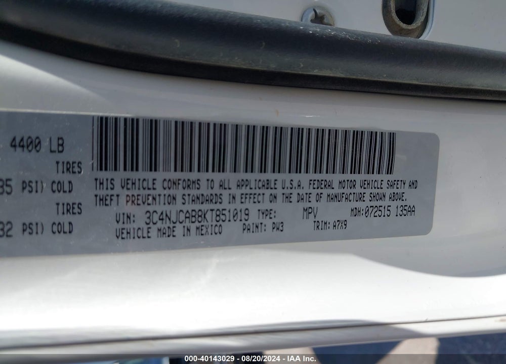 2019 JEEP COMPASS SPORT FWD VIN: 3C4NJCAB8KT851019