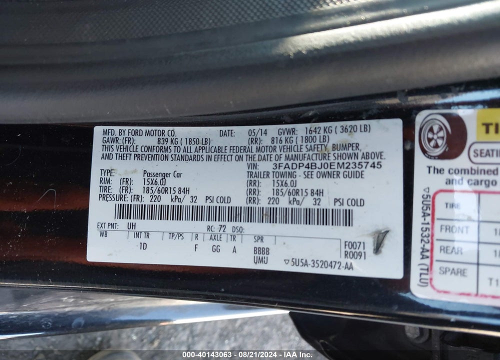 2014 FORD FIESTA SE VIN: 3FADP4BJ0EM235745