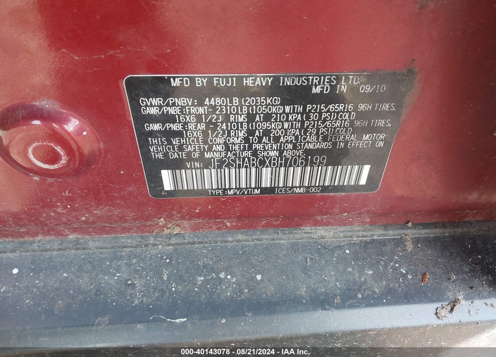 2011 SUBARU FORESTER 2.5X VIN: JF2SHABCXBH706199