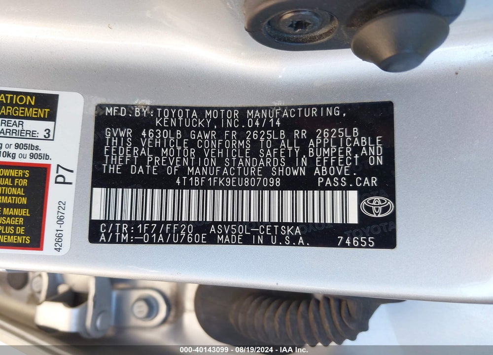 2014 TOYOTA CAMRY SE VIN: 4T1BF1FK9EU807098