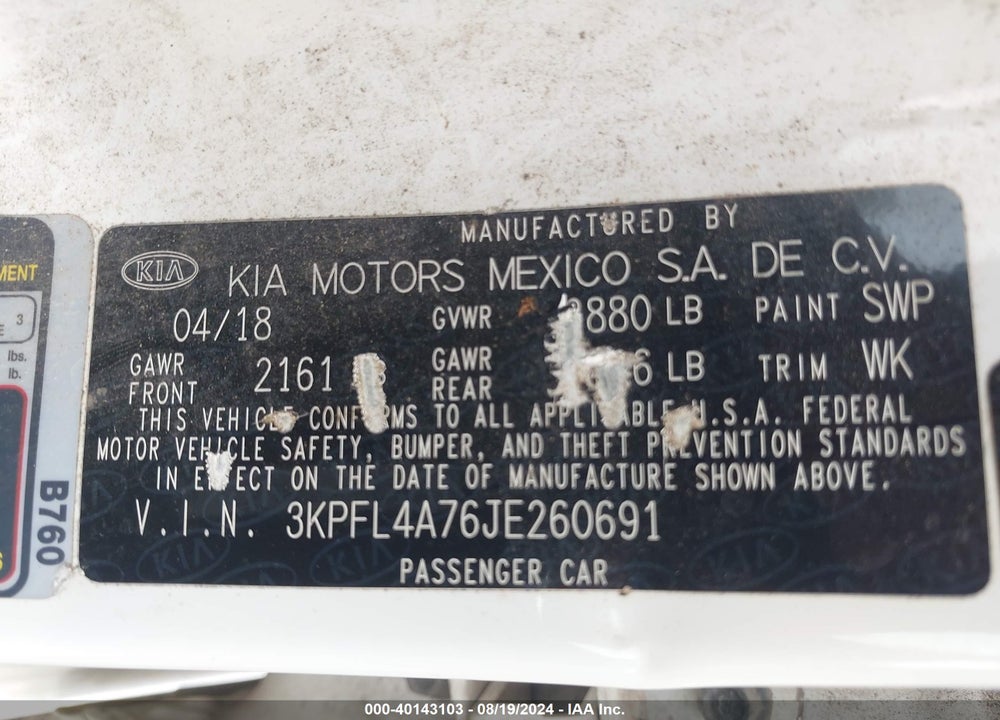 2018 KIA FORTE LX VIN: 3KPFL4A76JE260691