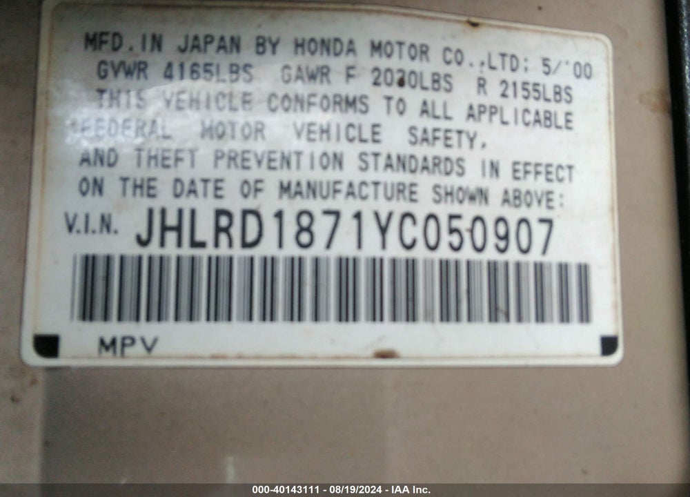 2000 HONDA CR-V SPECIAL EDITION VIN: JHLRD1871YC050907