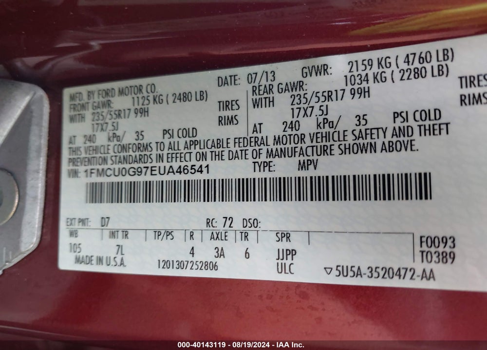 2014 FORD ESCAPE SE VIN: 1FMCU0G97EUA46541