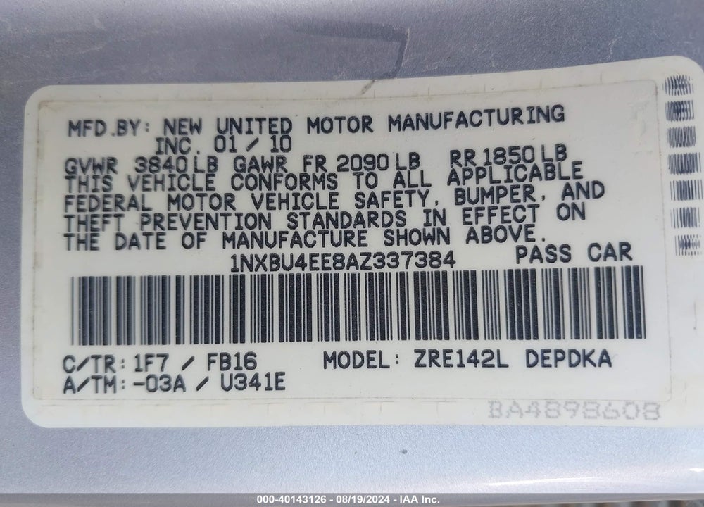 2010 TOYOTA COROLLA VIN: 1NXBU4EE8AZ337384